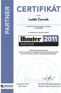 Certifikát Hunter Partner 2011 - Luděk Čermák, VODA SERVIS