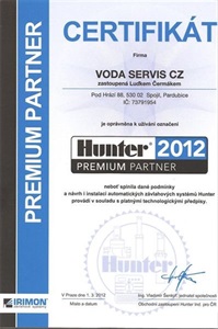 Certifikát Hunter Premium Partner 2012 - VODA SERVIS CZ