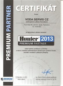 Certifikát Hunter Premium Partner 2013 - VODA SERVIS CZ