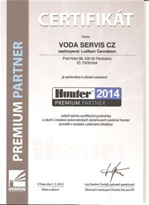 Certifikát Hunter Premium Partner 2014 - VODA SERVIS CZ