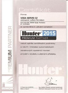 Certifikát Hunter Premium Partner 2015 - VODA SERVIS CZ